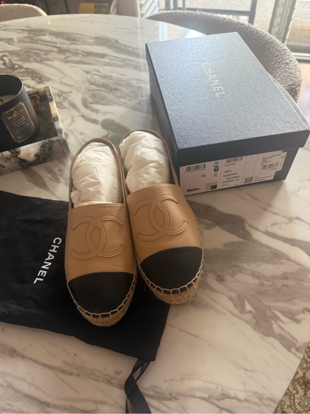 CHANEL Beige and Black Leather Espadrille Flats with CC Logo
